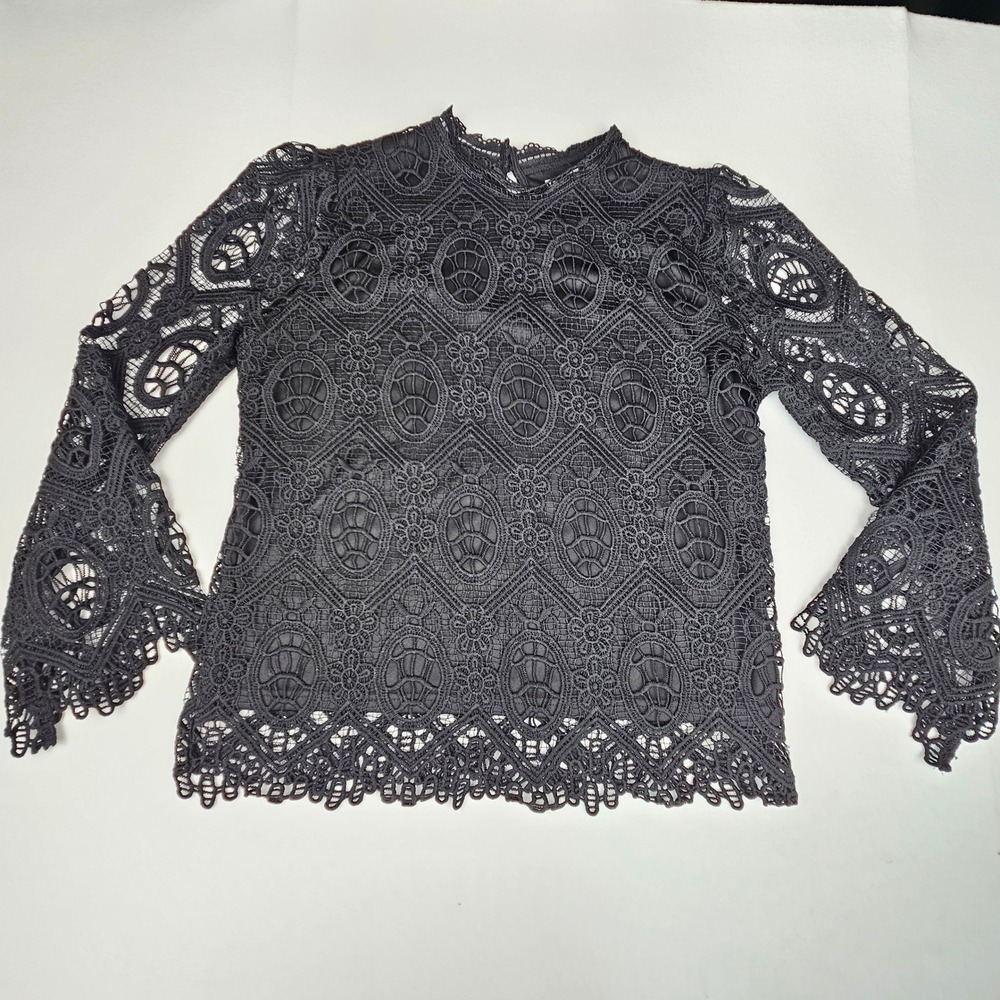 Ultra Pink Black Geometric Lace Mock Neck Blouse Goth Wednesday Addams Top M